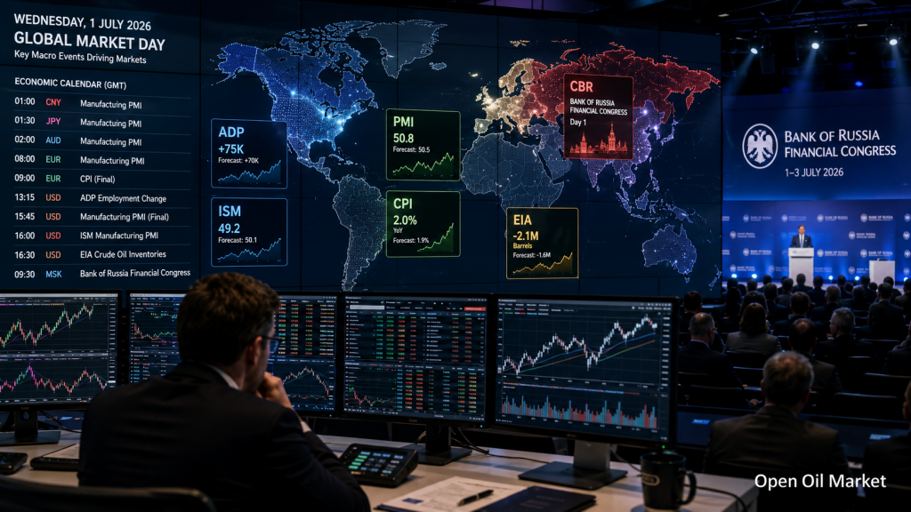 Gazdasági naptár befektetők számára 2026. július 1-jén: PMI, infláció, amerikai munkaerőpiac, olaj és a Bank of Russia