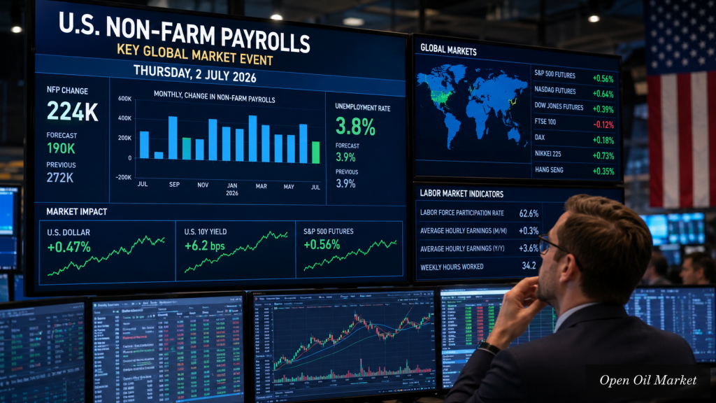 Gazdasági események és vállalati jelentések — csütörtök, 2026. július 2.: NFP USA, munkanélküli, Orosz Központi Bank pénzügyi kongresszus és EIA gázkészletek.
