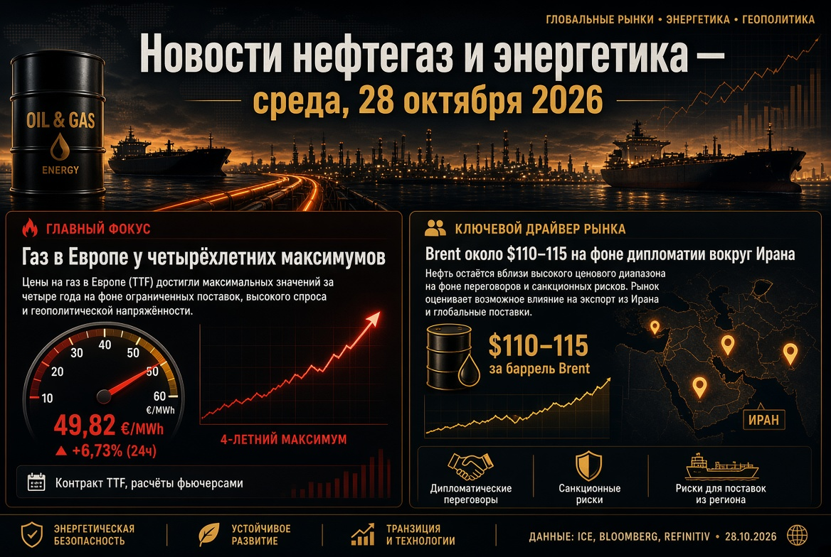 Hírek olaj- és gázszektor és energetika — 2026. október 28.: Gáz Európában négyéves csúcson, Brent 110–115 dollár környékén az iráni diplomácia hátterében.