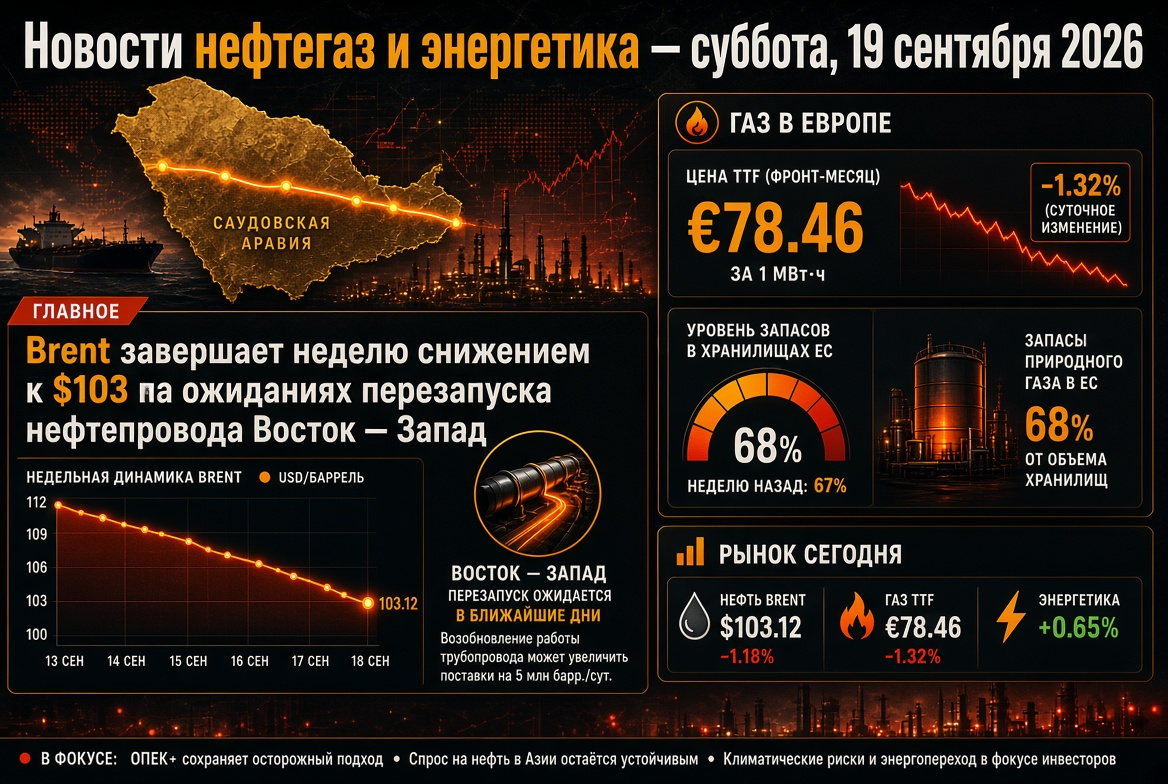 Hírek a szénhidrogén és energiaszektorból – 2026. szeptember 19.: Brent a hét végén 103 dollárra csökken az East-West vezetékrendszer újraindításának várakozásai mellett, gáz Európában körülbelül 78 euró 68%-os készlet mellett.