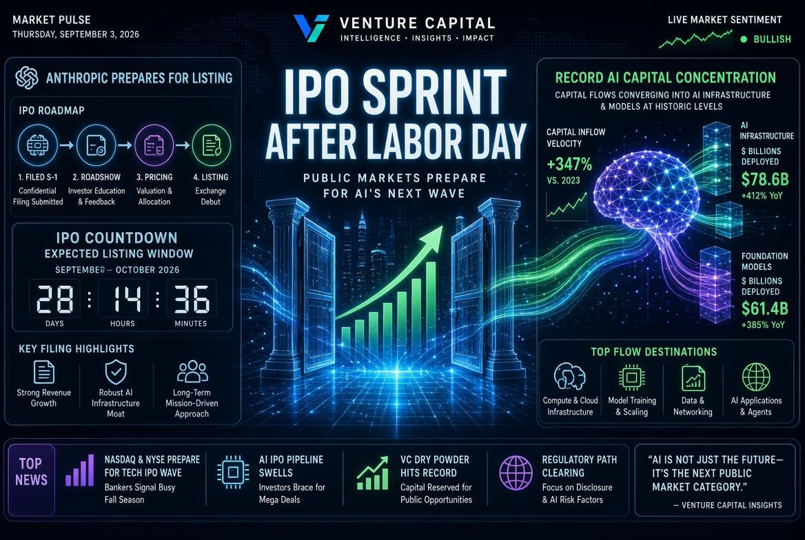 Startup és kockázati tőke hírek — 2026. szeptember 3.: IPO-sprint a Munka Ünnepe után, Anthropic készül a tőzsdére és rekord AI-tőke koncentráció