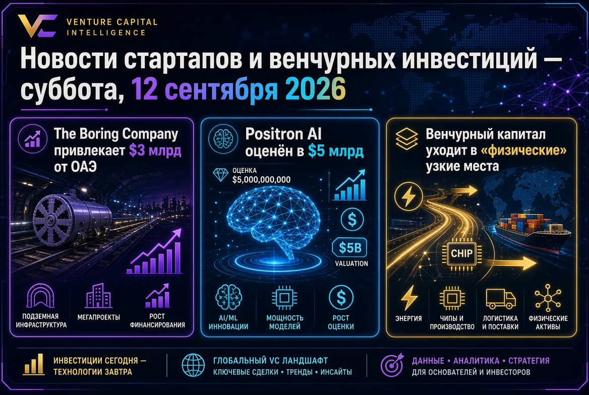 Startupok és kockázati befektetések hírei — szombat, 2026. szeptember 12.: A The Boring Company 3 milliárd dollárt vonz az Egyesült Arab Emírségekből, a Positron AI 5 milliárd dollárra értékelt, miközben a kockázati tőke a „fizikai” szűk keresztmetszetek 