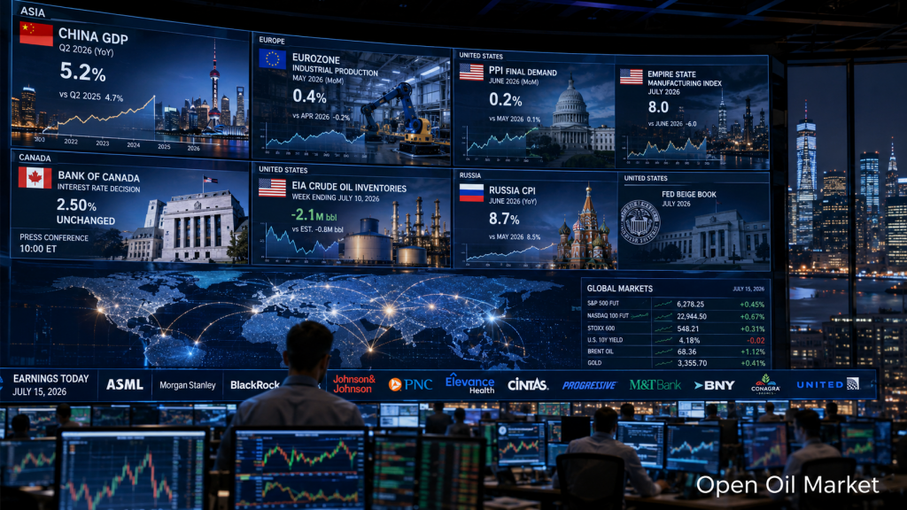 Világi piacok 2026. július 15-én: Kína GDP-je, USA PPI, Kanadai Bank, EIA olajkészletek és az ASML, Morgan Stanley és BlackRock jelentések