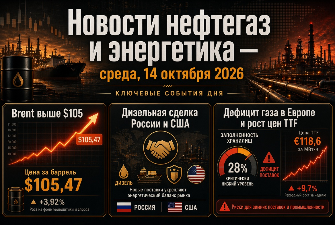 Kőolaj-gáz és energia hírek - 2026. október 14.: Brent 105 felett, Oroszország és az Egyesült Államok dízelüzlete, gázhiány Európában