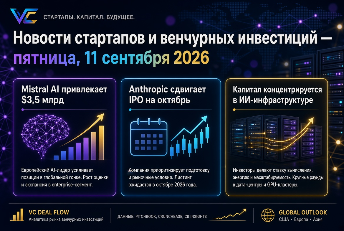 Startupok és kockázati tőkebefektetések hírei — péntek, 2026. szeptember 11.: Mistral AI 3,5 milliárd dollárt von be, Anthropic elhalasztja IPO-ját, a tőke az AI-infrastruktúrában koncentrálódik