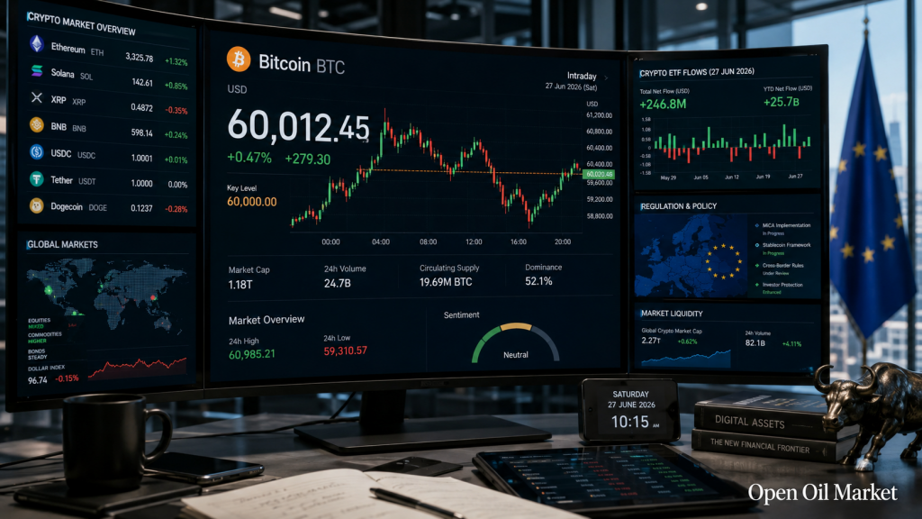 Globális kriptovaluta piac 2026. június 27-én: Bitcoin, Ethereum, ETF áramlások, stabilcoinok és MiCA szabályozás.