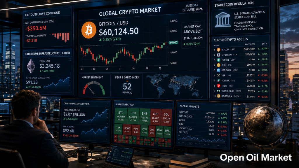 Kriptovaluta piac 2026. június 30: Ethereum, Solana, XRP, BNB, USDT, USDC és ETF-kiáramlások