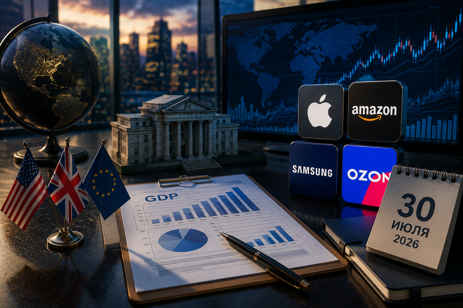 Gazdasági események és vállalati jelentések: csütörtök, 2026. július 30. — USA GDP, Angol Bank döntése, Apple, Amazon, Samsung és Ozon jelentései.
