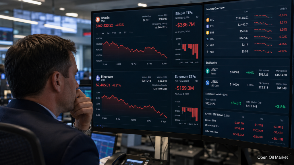 Kriptovaluta piac 2026. június 8.: Bitcoin nyomás alatt, Ethereum csökken, stablecoinok erősítik pozícióikat