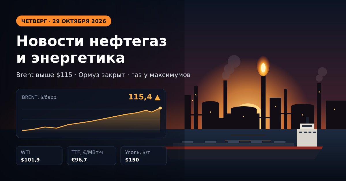 Hírek kőolaj-, gáz- és energetika — 2026. október 29., csütörtök: a Brent 115 dollár fölé emelkedett a húszik Ras-Tanura elleni támadása után, a gáz Európában 2022 óta a legmagasabb szinten