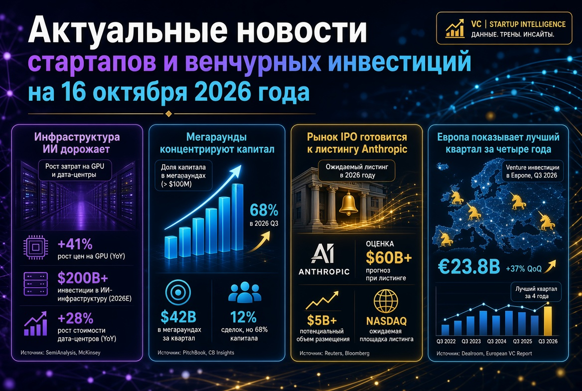 Aktuális hírek a startupokról és kockázati tőkékről 2026. október 16-án: a mesterséges intelligencia infrastruktúrája drágul, a megabefektetések koncentrálják a tőkét, az IPO piac készül az Anthropic bevezetésére, míg Európa a legjobb negyedévet mutatja b