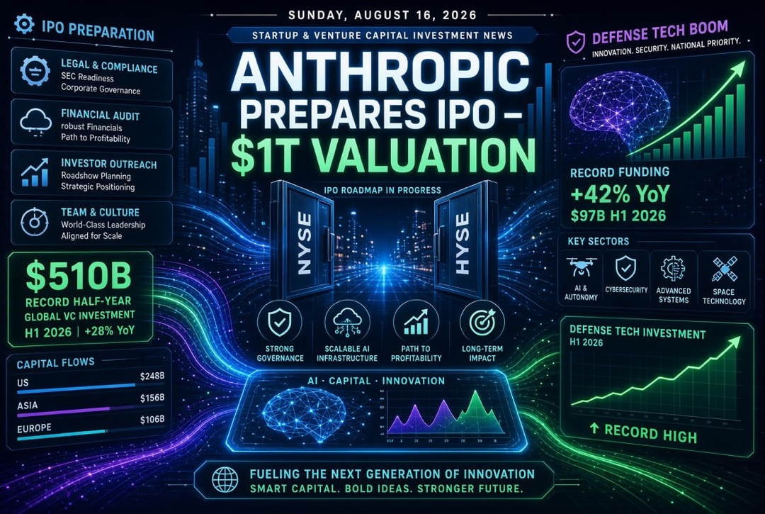 Startup és kockázati tőke hírek — vasárnap, 2026. augusztus 16.: Az Anthropic 1 trillió dolláros IPO-t készít, rekord 510 milliárd dollár az első félévben és a védelmi technológiák fellendülése