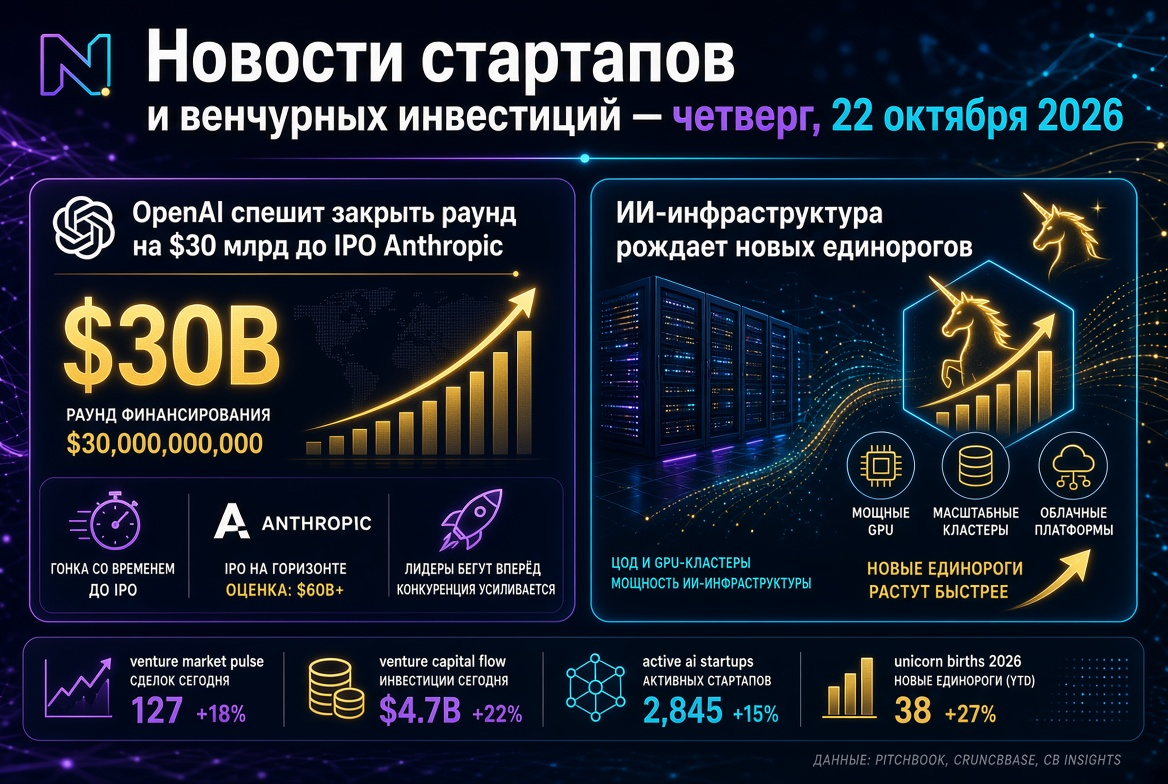 Startupok és kockázati tőkebefektetések hírei - 2026. október 22.: Az OpenAI siet a 30 milliárd dolláros kör lezárásával az Anthropic IPO előtt, míg az MI infrastruktúrája új unikornisokat szül.