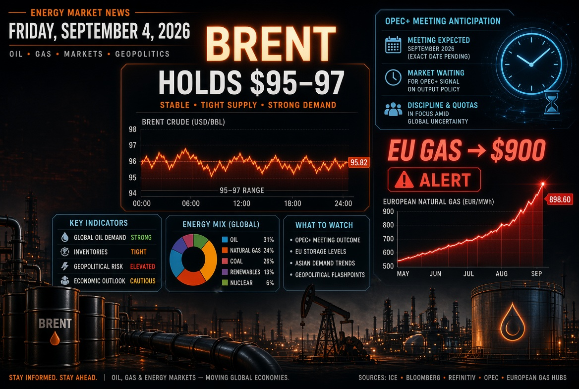 Hírek az olaj- és gázpiacról — péntek, 2026. szeptember 4.: Brent ára $95–97 között az OPEC+ ülésének várakozásában, gáz Európában $900 felé közelít