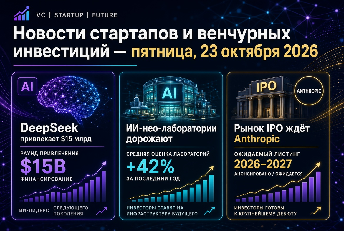Startupok és kockázati tőke hírek — péntek, 2026. október 23: a DeepSeek 15 milliárd dollárt vonz, az AI neo-laboratóriumok értéke növekszik, és a tőzsdei IPO várja az Anthropic-ot