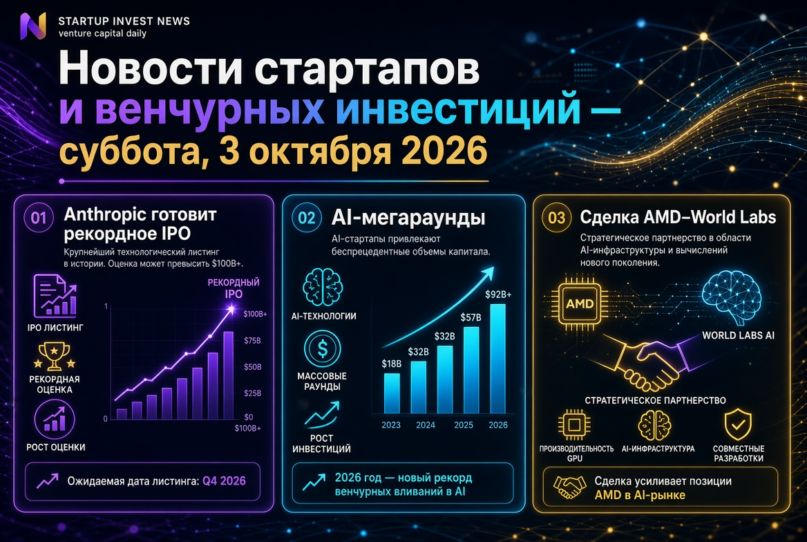 Startupok és kockázati tőkebefektetések hírei - szombat, 2026. október 3.: Anthropic rekord IPO-t készít, AI-megaroundok és az AMD–World Labs megállapodás