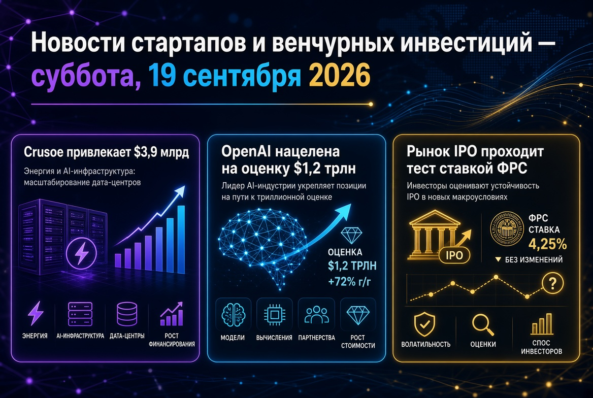 Startupok és kockázati tőke hírek — 2026. szeptember 19: Crusoe $3,9 milliárdot vonz, OpenAI $1,2 trillióra céloz, az IPO piac a FED kamat próbáit állja