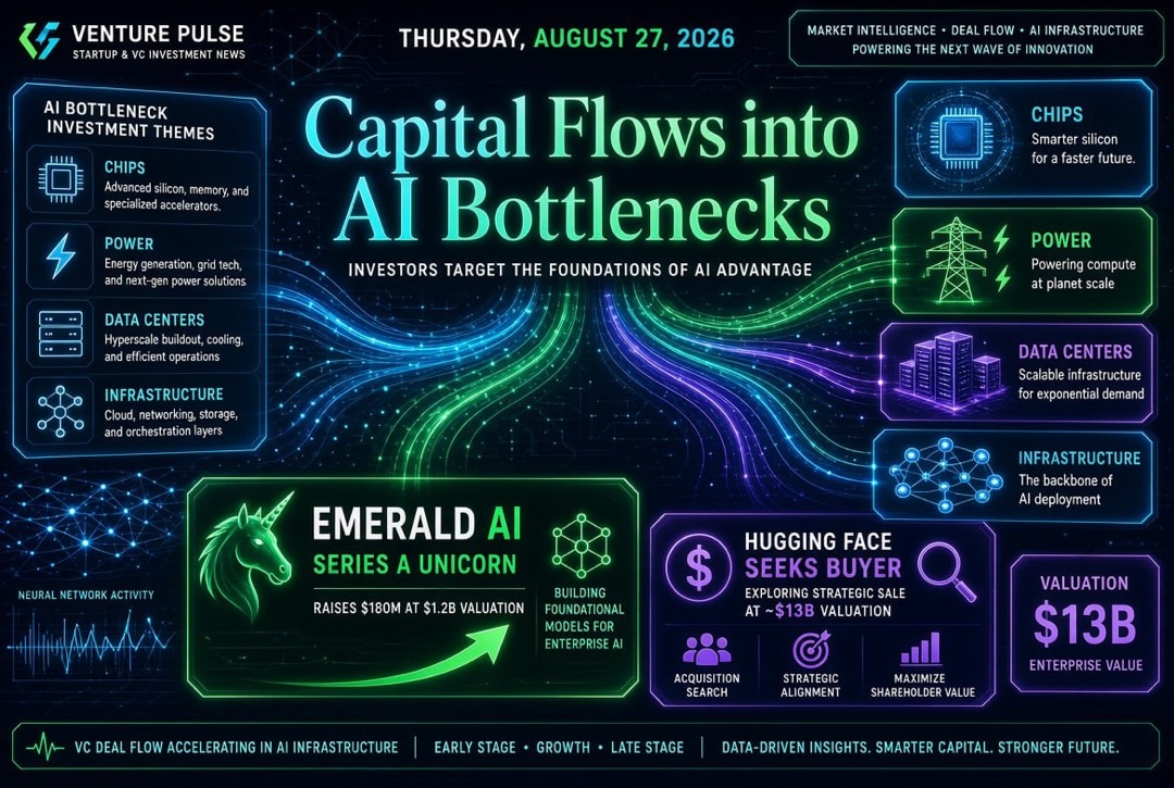 Startupok és kockázati tőke hírei — csütörtök, 2026. augusztus 27.: a tőke az AI „úzkák” felé áramlik, az Emerald AI egyszarvú lett a Series A-ban, míg a Hugging Face vevőt keres 13 milliárd dollárért.
