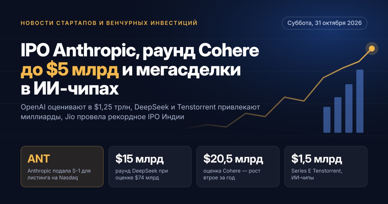Startup- és kockázatitőke-hírek — 2026. október 31., szombat: Anthropic IPO, Cohere 5 milliárd dolláros finanszírozási kör és megaügyletek az MI-chipekben