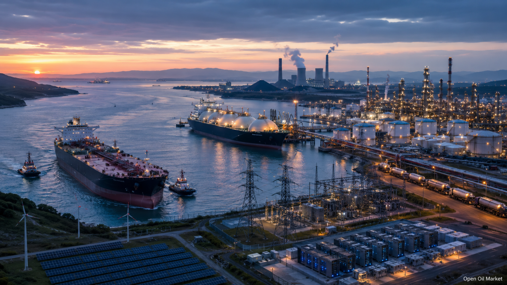 Olaj- és gázipari hírek, energetika 2026. június 2.: olajszállító tartályhajó a stratégiai szorosban, LNG-terminál, olajfinomító, elektromos hálózatok, adatközpont, megújuló energiaforrások és szénerőművi termelés