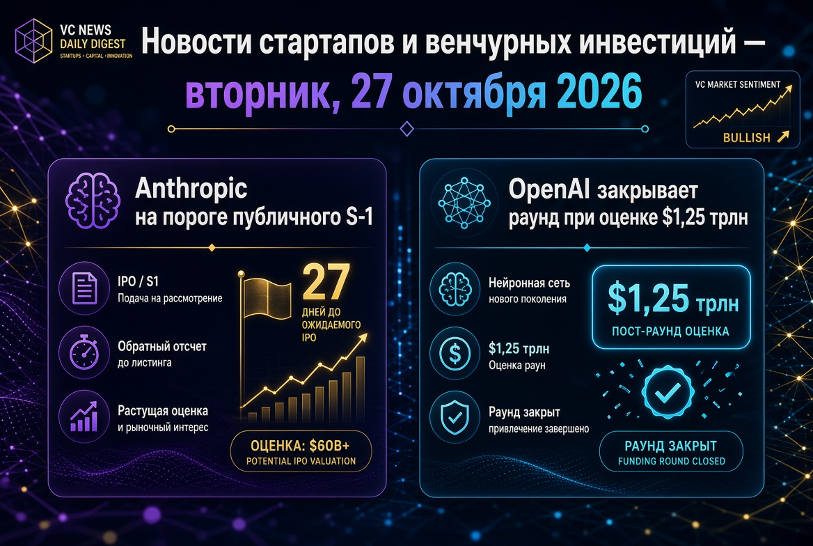 Startupok és kockázati tőke hírek - kedd, 2026. október 27.: Anthropic a nyilvános S-1 küszöbén, OpenAI finanszírozási kört zár 1,25 billió dolláros értékeléssel.