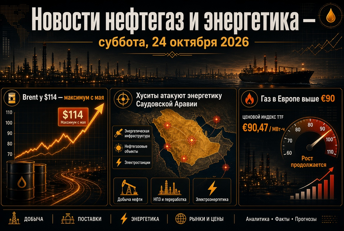 Olaj- és gáz hírek — szombat, 2026. október 24.: Brent 114 dollár — maximum májusról, husziták támadják Szaúd-Arábia energetikáját, gáz Európában 90 euró felett