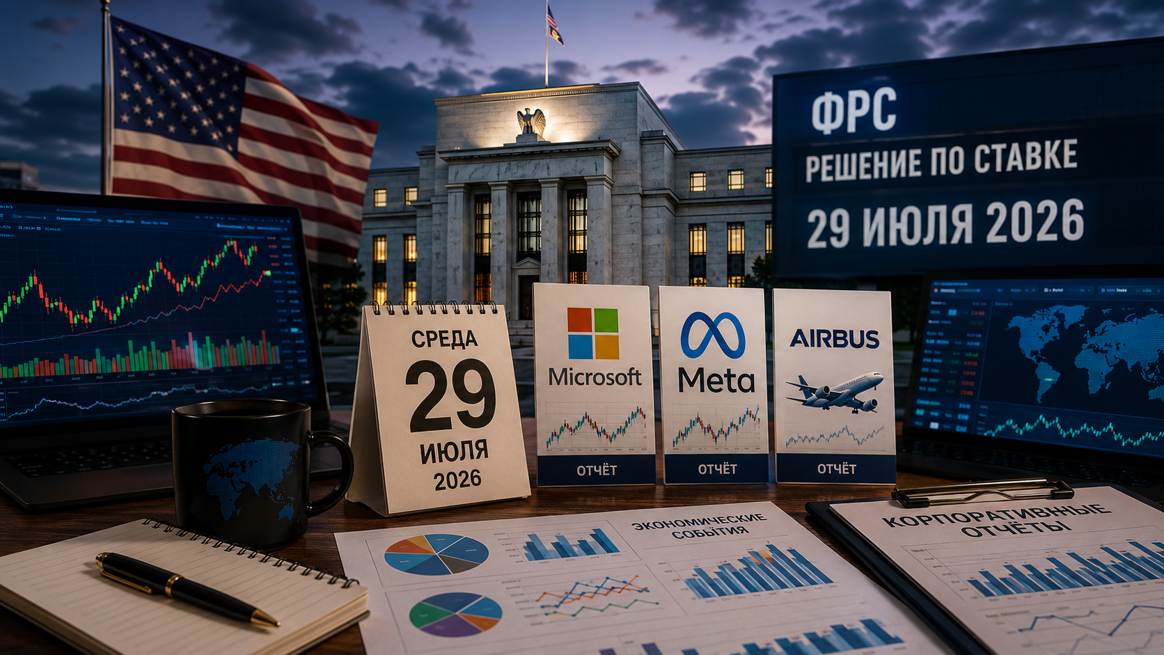 Gazdasági események és vállalati jelentések: 2026. július 29. — FRS kamatdöntés, Microsoft, Meta és Airbus jelentések