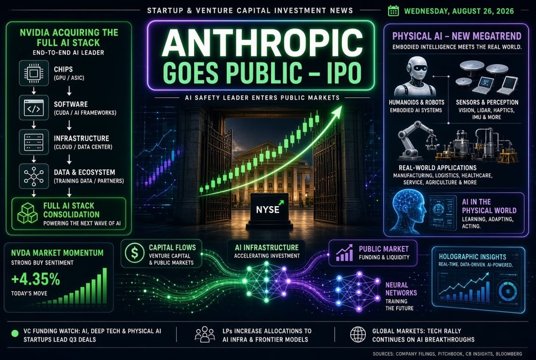 Startupok és kockázati befektetések hírei — 2026. augusztus 26.: Anthropic belép az IPO-ra, a Nvidia megszerzi az összes AI-halmazt, miközben a fizikailag megvalósuló mesterséges intelligencia új megatrenddé válik.