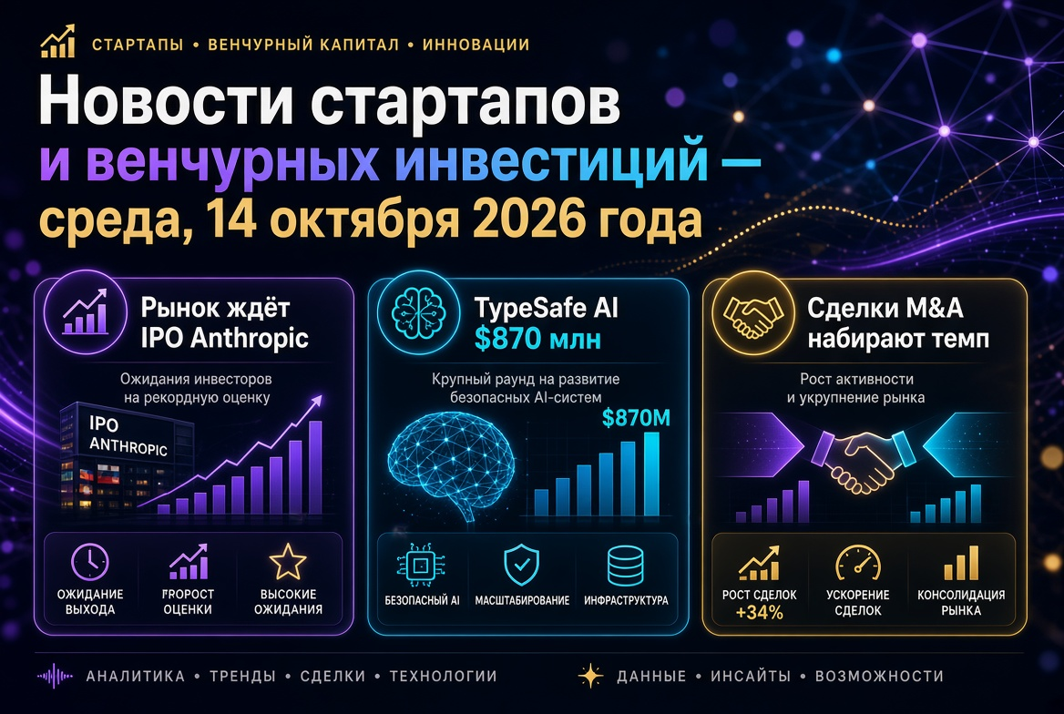 Startupok és kockázati befektetések hírei - 2026. október 14.: a piac várja az Anthropic IPO-t, a TypeSafe AI 870 millió dollárt vonz, az M&A ügyletek felgyorsulnak.