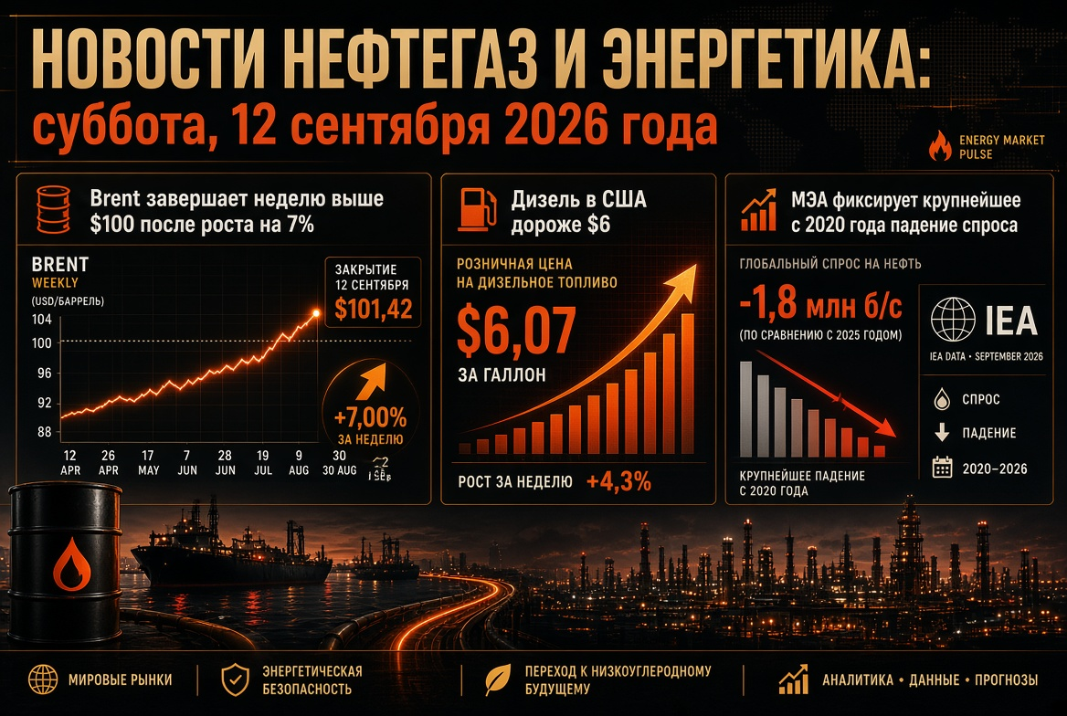 Hírek kőolaj- és energia: szombat, 2026. szeptember 12. — Brent 100 dollár felett zár, 7%-os növekedés után, dízel az Egyesült Államokban 6 dollár felett, IEA a legnagyobb keresletcsökkenést jegyzi 2020 óta