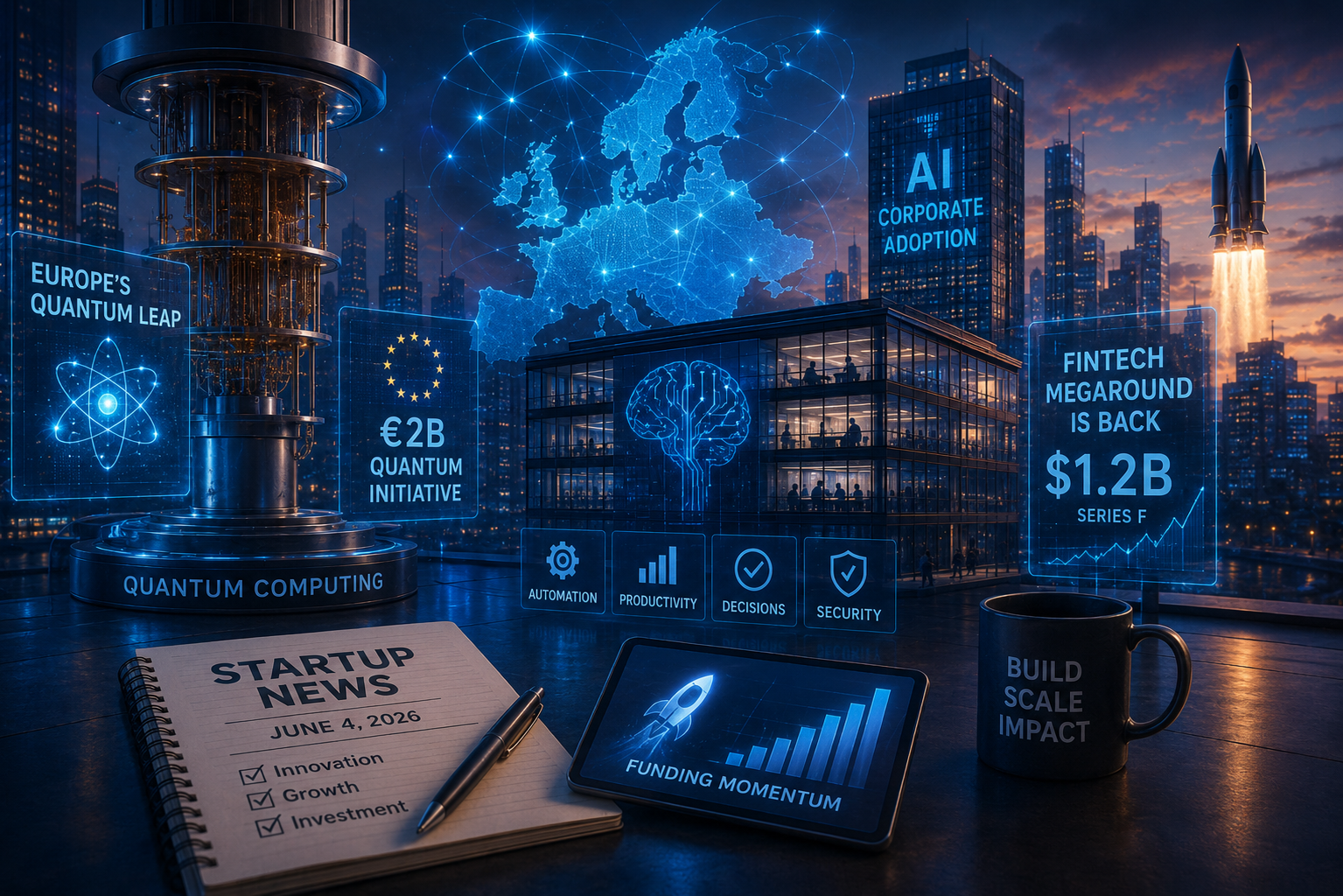Startup és kockázati tőke hírek, 2026. június 4., csütörtök: Európa kvantumáttörése, vállalati AI és a fintech-megaroundok visszatérése