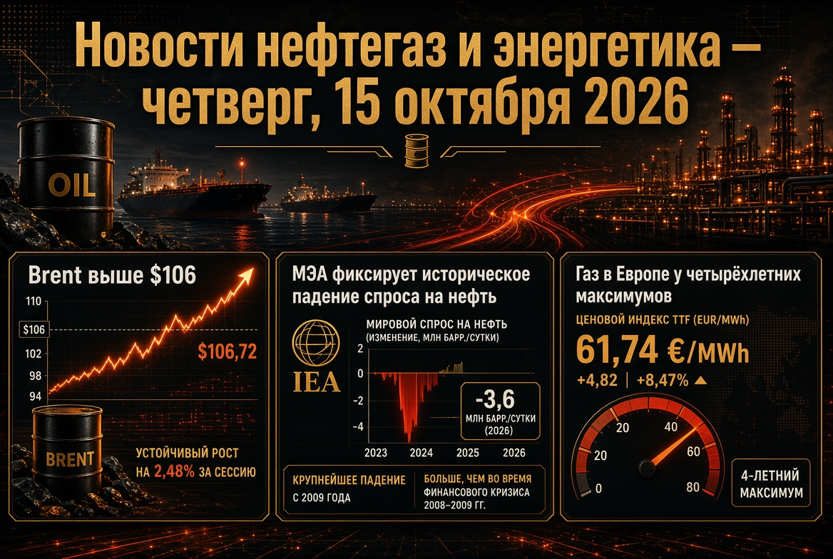 Hírek olajgáz és energia — csütörtök, 2026. október 15.: Brent 106 dollár fölött, IEA történelmi olajkereslet-csökkenést rögzít, gázcsúcsok Európában
