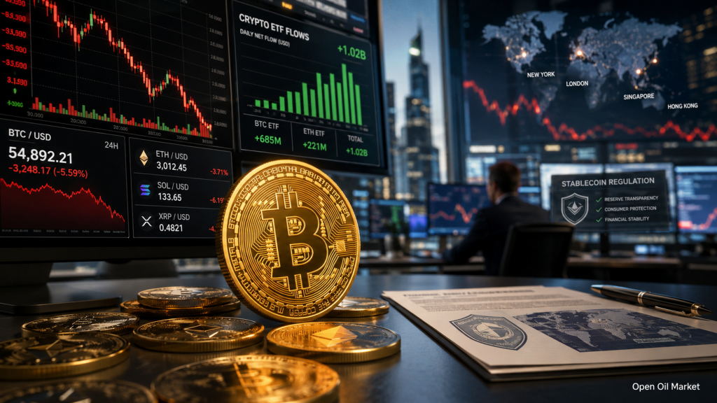 Kriptovaluta piac 2026. július 9.: Bitcoin nyomás alatt, ETF-be való beáramlás, Ethereum, Solana, XRP és stabilcoinok szabályozása.