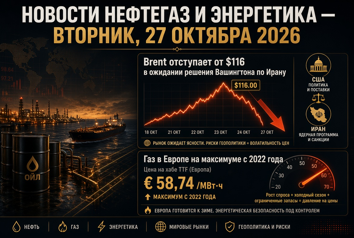 Hírek nyersanyag és energia — kedd, 2026. október 27: Brent visszahúzódik 116 dollárról, várva Washington döntését Irán ügyében, gáz Európában 2022 óta a csúcson.