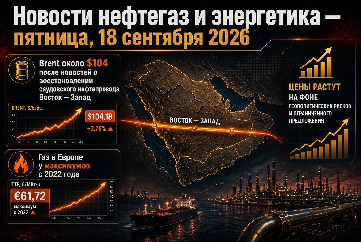 Olaj- és gázipari hírek — péntek, 2026. szeptember 18.: Brent körülbelül 104 dollár a szaúdi Kelet – Nyugat olajvezeték helyreállításáról szóló hírek hatására, gáz Európában a 2022 óta a legmagasabb szinten