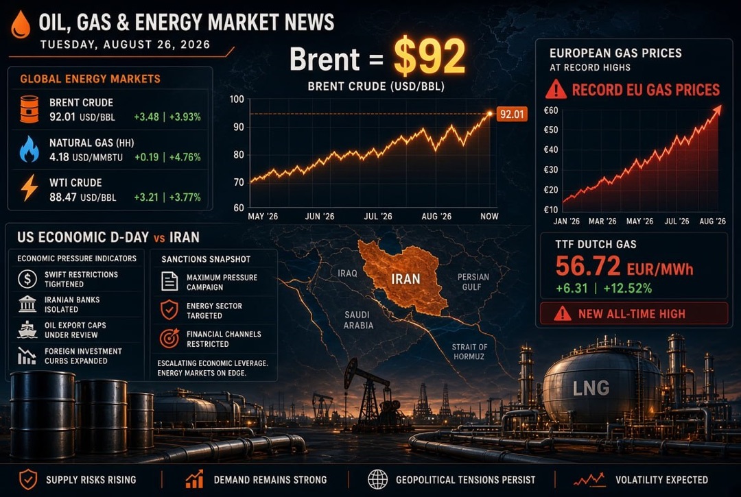 Hírek a kőolaj- és energiaiparból — 2026. augusztus 26.: „Gazdasági D-Day” az Egyesült Államok részéről Irán ellen, Brent 92 dollárnál és rekordmagas gázárak Európában.