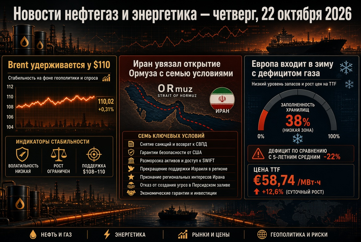 Olaj- és gázpiac hírei — csütörtök, 2026. október 22.: Brent $110-on, Irán hét feltételt szabott a Hormuz megnyitásához, Európa télbe gázhiánnyal lép.