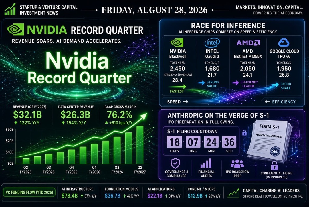 Startupok és kockázati tőke hírek — péntek, 2026. augusztus 28.: Nvidia rekord negyedéve, verseny az inferenciáért és az Anthropic a nyilvános S-1 küszöbén