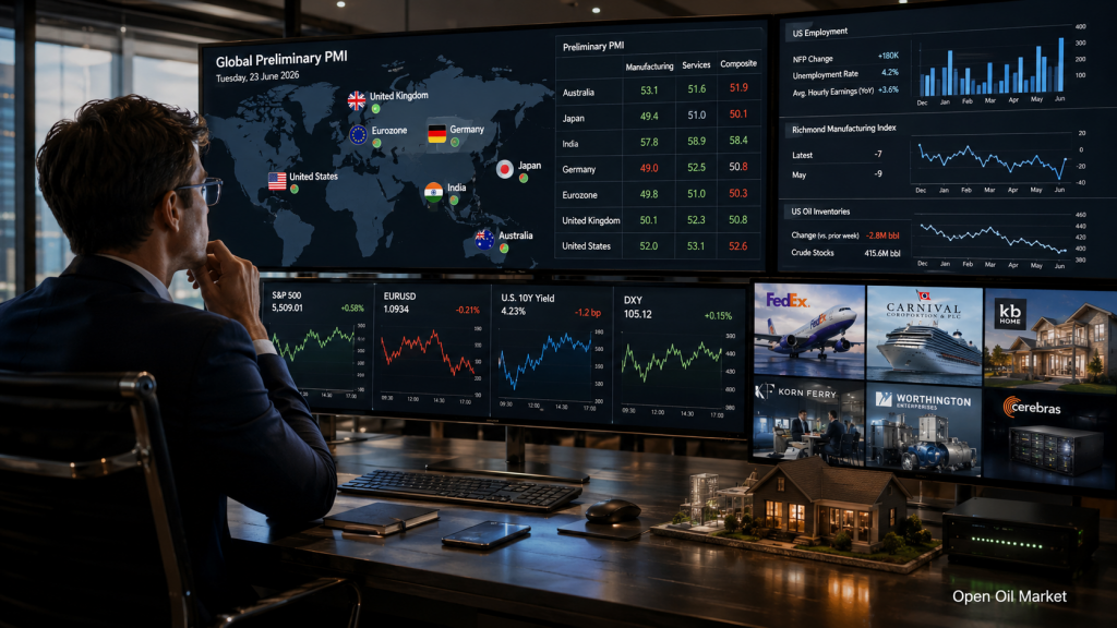 Gazdasági események és vállalati jelentések: kedd, 2026. június 23. — globális PMI, az Egyesült Államok munkaerőpiaca, FedEx, Carnival és KB Home.