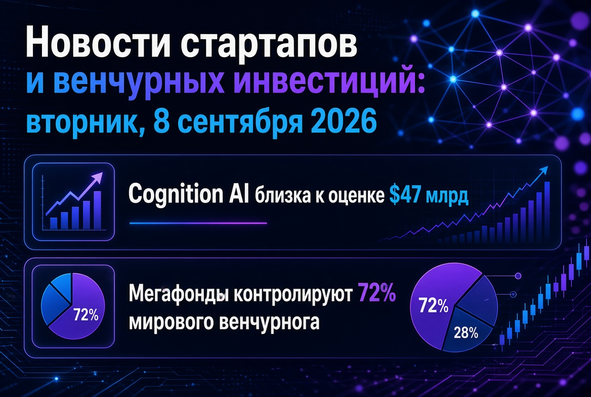 Startup és kockázati tőke hírei: kedd, 2026. szeptember 8. — A Cognition AI közel áll a 47 milliárd dolláros értékeléshez, a megafondok a globális kockázati tőke piac 72%-át irányítják.